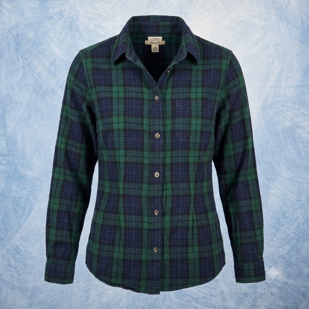LL Bean Womens Flannel Shirt Relaxed Fit Green Navy Black Watch Plaid M 273137